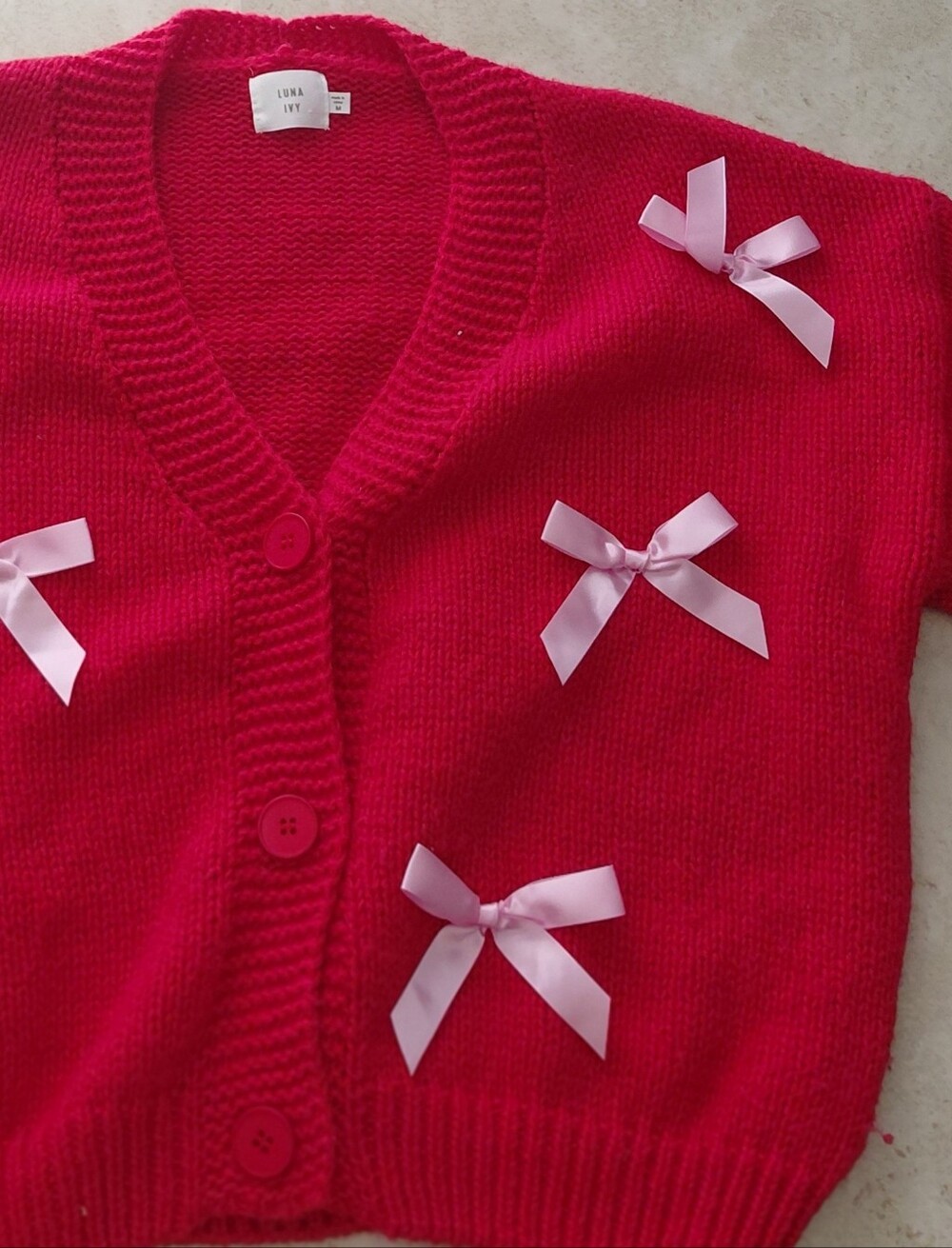 Luna Ivy Red Knit Vneck  Cardigan with Pink Bows Button Front Chunky Size Med
